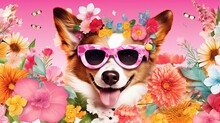Close Up Funny Pet Portrait, Cute Dog With Flower And Sunglasses, Generative Ai