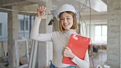 Wall Mural - Young blonde woman architect holding keys of new home and clipboard at construction site