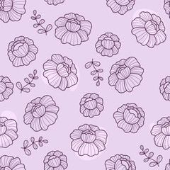Wall Mural - Floral seamless pattern with linear flower on light purple background. Vector Illustration. Aesthetic modern art hand drawn for wallpaper, design, textile, packaging, decor.