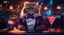 Funny Cat Portrait, Moody Cat Chill Out At Bar, Generative Ai