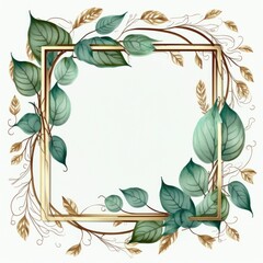 Wall Mural - Square frame of green and golden leaves with watercolor painting isolated on white background. Theme of vintage minimal art design in geometric. Finest generative AI.