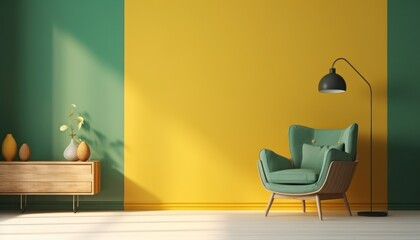 Wall Mural - Mock up room in modern style with armchair,cabinet on yellow and green wall background.3d rendering