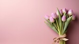 Fototapeta Tulipany - tulips with gift and ribbon on a pink background Generative AI