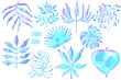 © Liudmila - Iridescent tropical leaves png clip art. Holographic y2k botanical graphic elements in blue, pink and purple colors