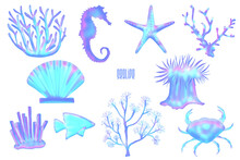 Iridescent Sea Life Animals And Corals In Neon Blue, Pink And Violet Colors. Y2k Holographic Marine Nautical Design Elements