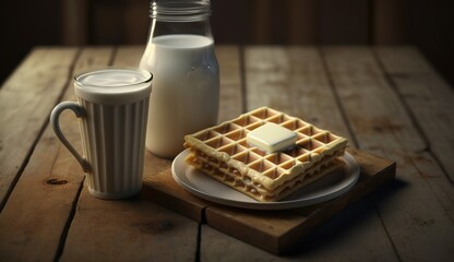 Wall Mural - Waffles and milk in a milk glass, photographed up close, sit on a wooden table.