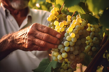 Wall Mural - Close up of farmer male hands picking white grape. Organic fruits, harvesting and farming concept. Generated AI.