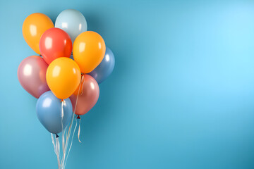 Colorful balloons bunch tied on a blue wall background with copy space. Birthday, wedding, party or celebration concept. Generated AI.