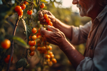 Wall Mural - Close up of farmer male hands picking red cherry tomatoes. Organic food, harvesting and farming concept. Generated AI.