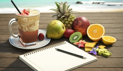 Wall Mural - Fruits of the tropics and a cocktail with a notebook