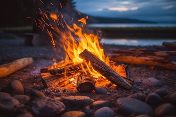 Wall Mural - The cozy atmosphere of a camping trip in a photograph that captures the warmth of a campfire. Generative AI