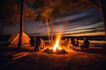 Wall Mural - The cozy atmosphere of a camping trip in a photograph that captures the warmth of a campfire. Generative AI