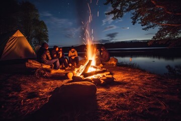 Wall Mural - The cozy atmosphere of a camping trip in a photograph that captures the warmth of a campfire. Generative AI