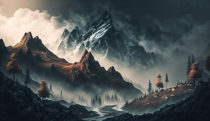 Wall Mural - Lovely mountains in the mist.