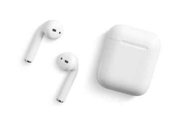 white wireless earphone or headphones for using with smartphone, isolated on a transparent backgroun