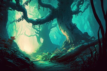 Wall Mural - Digital painting and fantasy image depicting a lovely woodland scene at dawn.