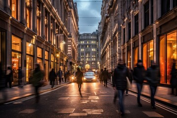 Wall Mural - The energy and excitement of a bustling city street from a dynamic diagonal perspective. Generative AI