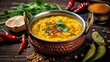 Indian dal food. Traditional Indian soup lentils. Indian Dhal spicy curry in a bowl, Delicious Dal Tadka recipe wooden background