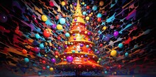 Surreal Christmas tree exploding in multiple colorful baubles. Big splash. Season greetings concept. Generative AI