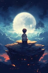 Wall Mural - Person watching the moon. AI generated art illustration.