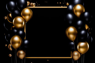 Gold and black balloons with frame celebration invite