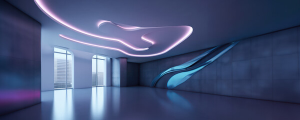 Wall Mural - neon cyber futuristic themed lighting reception area as mockup wide banner with copy space - Generative AI