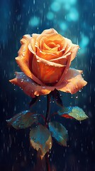 Wall Mural - Red rose on blue sky. AI generated art illustration.