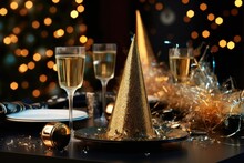 A Close - Up Shot Of A Table Adorned With New Year's Decorations, Including Glittering Candles, Sparkling Confetti, And Elegant Champagne Glasses.  Generative AI