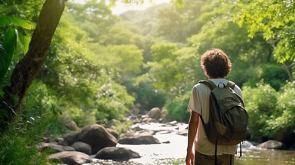 teenager boy going for a walk or hiking and enjoying nature, in the countryside, environment and plants, beautiful day outside, walking through grass on a river at the edge of the forest