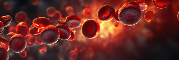 panoramic wallpaper depicting a soft focus of floating red blood cells on a dark background, symbolizing hematology