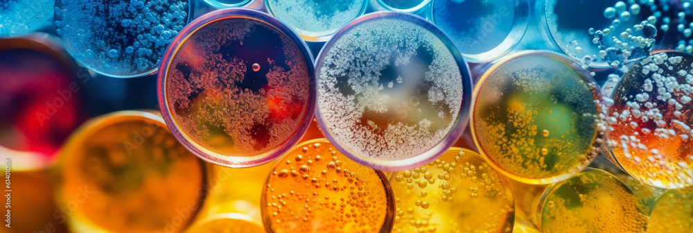 abstract panoramic wallpaper of a petri dish cultivating colorful