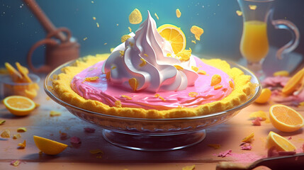 Cake and desserts cute art, pastry in pink and yellow, korean style, panoramic ai art for cafe