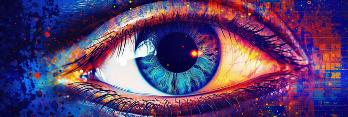 Wall Mural - abstract panoramic wallpaper of a stylized human eye made from digital pixels, against a vibrant gra