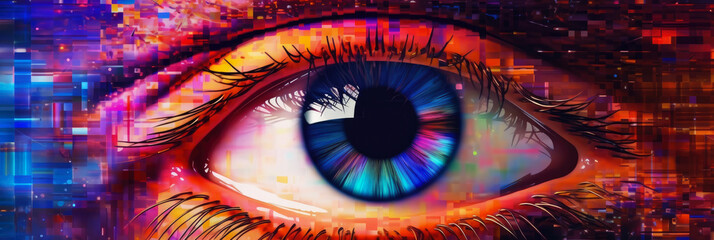 Wall Mural - abstract panoramic wallpaper of a stylized human eye made from digital pixels, against a vibrant gra