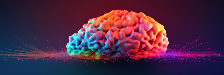 Wall Mural - abstract panorama of a stylized human brain made from digital pixels, against a vibrant gradient bac