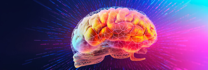 Wall Mural - abstract panorama of a stylized human brain made from digital pixels, against a vibrant gradient bac