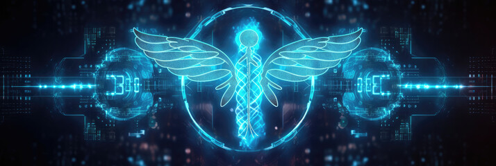Wall Mural - abstract panoramic wallpaper of a stylized caduceus symbol made from glowing digital nodes, against 