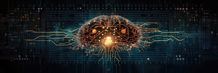 Wall Mural - minimalist panoramic wallpaper of a human brain silhouette filled with a circuit board pattern, agai