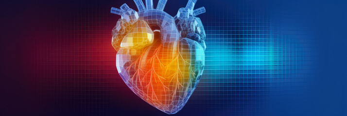 Wall Mural - abstract panorama of a stylized human heart made from digital pixels, against a vibrant gradient bac
