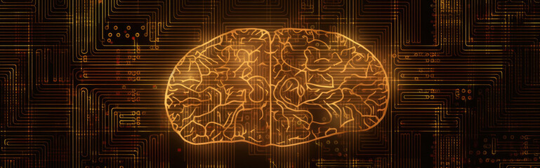 Wall Mural - minimalist panoramic wallpaper of a human brain silhouette filled with a circuit board pattern, agai