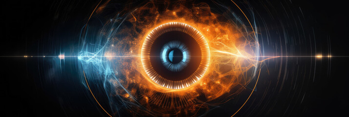 Wall Mural - abstract panorama of a stylized human eye made from glowing digital nodes, against a dark background