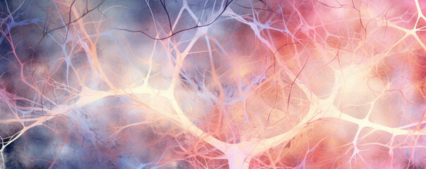 Wall Mural - abstract panorama of stylized neurons connected by thin lines, depicted in soft pastel tones