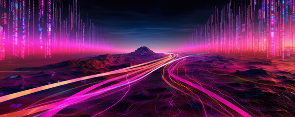 Wall Mural - Wide panorama of a digital data stream flowing in a vibrant, neon pink tone