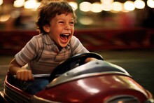 A Close - Up Shot Of A Young Boy, Laughing And Enjoying The Adrenaline Rush Of A Bumper Car Collision. Generative AI