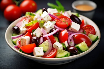 Wall Mural - Greek salad vibrant colors bright summer photo hyper realistic high definition sharp. AI generative