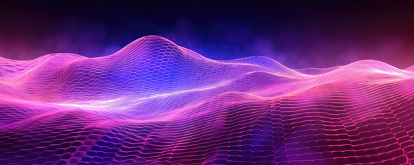 Wall Mural - panoramic depiction of a digital wave pattern represented in bright, neon mauve tones