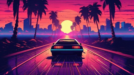 Wall Mural - Retro car of the 90s moves along the highway in the rays of a tropical sunset, the concept of travel, Generative AI