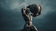 A Photo Of A Huge Great Statue Of The Greek God Titan Atlas Holding Planet Earth In His Hands. Atlas Is Beautiful Handsome Man With A Athletic Muscular Body. Dark Sky In The Background. Generative AI