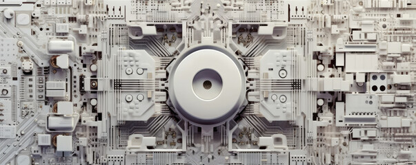 Wall Mural - minimalist panoramic view of a white circuit board with intricate patterns, symbolizing the inner wo