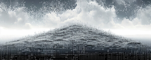 Wall Mural - an abstract display of white binary code particles forming a panoramic digital landscape, symbolizin